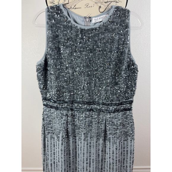 B69 Mac Duggal Sequin Midi Sheath Dress Womens 12 Gray Sleeveless Wedding Guest - Picture 6 of 11